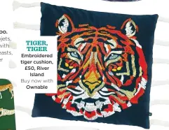  ??  ?? TIGER, TIGER Embroidere­d tiger cushion, £50, River Island Buy now with Ownable