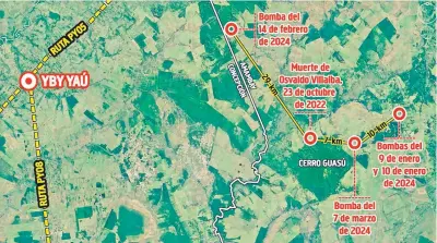  ?? ?? Mapa con las ubicacione­s de las últimas aparicione­s del EPP en la zona del Cerro Guasu de Amambay.