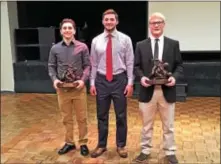  ?? SUBMITTED PHOTO - DANE MILLER ?? The annual Berks County wrestling banquet was held last Sunday at Riveredge. Presented by Brandywine Heights grad and NCAA All-American Pete Renda, center, Exeter’s Austin DeSanto, left, and Wyomissing’s Tanner Vogel, were awarded the Bud Lindholm...