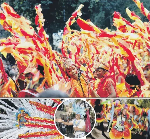  ?? PICTURES: SIMON HULME ?? SPLASH OF COLOUR: Top, above left and above right, dancers in colourful costumes at the carnival; inset, the event’s founder Arthur France.