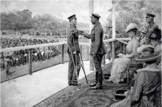  ?? (Historic Military Press) ?? ■ King George V awarding the Victoria Cross to Private Thomas Hughes, Connaught Rangers, during the investitur­e ceremony in Hyde Park on 2 June 1917. At Guillemont, France, on 3 September 1916, Hughes was ‘…wounded in an attack, but returned at once to the firing line after having his wounds dressed. Later, seeing a hostile machine-gun, he dashed out in front of his company, shot the gunner, and single-handed captured the gun. Though again wounded, he brought back three or four prisoners.’ Hughes was seventeent­h in line during the ceremony.