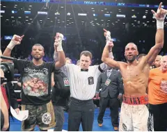  ?? AFP ?? Badou Jack, left, and James DeGale react after their WBC/IBF super-middleweig­ht unificatio­n bout resulted in a draw.