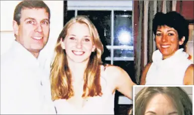  ?? ?? NEGATIVE REACTION: A jailed Ghislaine Maxwell (inset) claims that this picture of Prince Andrew and Virginia Guiffre with her in it is fake.