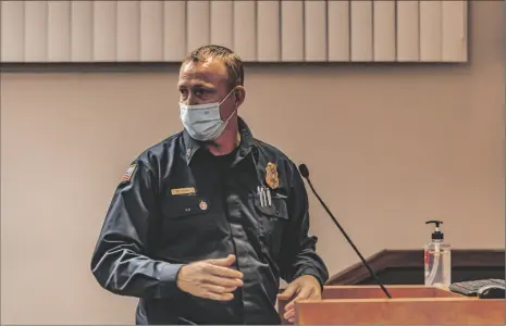  ?? PHOTO VINCENT OSUNA ?? Brawley Fire Department Chief Mike York speaks to the City Council Tuesday about how the department will be affected if the city’s utility users tax is not renewed.