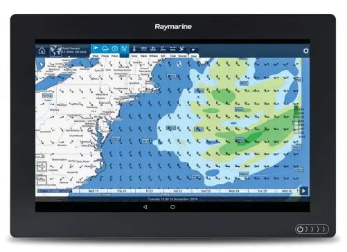  ??  ?? Raymarine’s Axiom chart plotters let users download weather GRIB files from Theyr.com and display them as a graphics-only overlay.