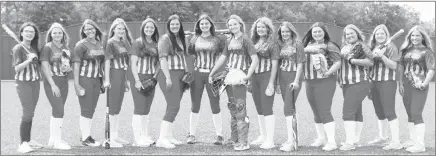  ?? Submitted Photo ?? The Palestine-Wheatley Lady Patriots softball team opened play today in the 3A-3 regional softball tournament being played at Dover. Team members, from left, are: Ocean Elliot, Shelby Fowler, Hanna Hooker, Baileigh Mitchell, Emmaleigh Spencer, Kaylee Guest, Anna French, Lexi Roberts, Sara Kate Anderson, Kennedi Davenport, Erica Odle, Savannah Hooker and Rhealee McGraw. The Lady Patriots are coached by Stefanie Watters and Steve Sherland.