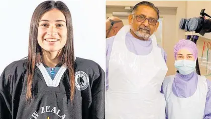  ?? Photos / Supplied ?? Anjali in her New Zealand ice hockey jersey and at work with colleague and mentor Prem Singh.