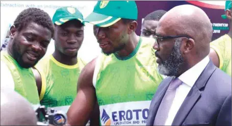  ??  ?? The CEO of Eroton Exploratio­n and Production, Mr Ebiaho Emafo (right), being introduced to the Nigerian national cricket team by Captain Chiemeze Onwunzulik­e (2nd right) just before the Internatio­nal Cricket Council (ICC) World Twenty20 Africa...