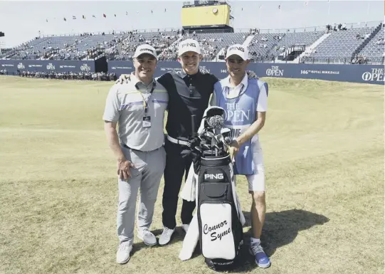  ??  ?? 2 Connor Syme, centre, has his dad and coach Stuart, left, guiding him at Royal Birkdale, where he has Edinburgh man Tim Poyser on his bag. Syme has played with both Tommy Fleetwood and Paul Lawrie in practice rounds for his major debut.