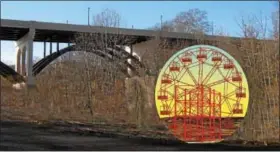  ?? PHOTO COURTESY OF THE SCHUYLKILL RIVER HERITAGE CENTER ?? This photo shows where organizers would like to erect the Phoenix Wheel, adjacent to the Gay Street Bridge. The Ferris wheel, built in 1895in Phoenixvil­le, is the oldest in the world. Now a group wants it to spin again in the borough.