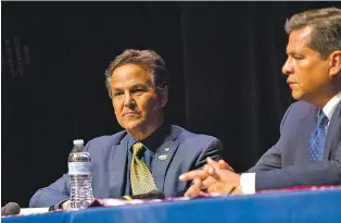  ?? JOSHUA BACHMAN/LAS CRUCES SUN NEWS FILE PHOTO ?? Jeff Apodaca, with fellow gubernator­ial candidate Joseph Cervantes, prepares to give his one-minute introducti­on May 1 during the Democratic Party of Doña Ana County Forum at the Rio Grande Theatre.