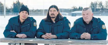  ?? BELL MEDIA ?? Jordan Nolan, left, Brandon Nolan and Jon Mirasty are part of the cast of “Shoresy.” “It’s good for (everyone) to see a Canadian hockey TV show based in Sudbury, Ont., with many Indigenous characters and players on the team because we don’t all live on reserves in the middle of nowhere,” said Jordan Nolan.