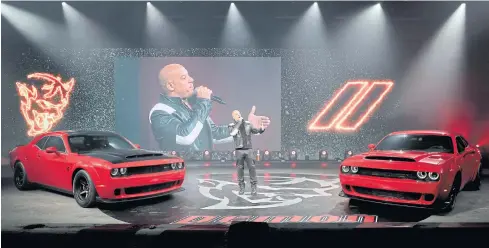  ?? AP ?? Actor Vin Diesel speaks during the unveiling of the 2018 Dodge Challenger SRT Demon during a media preview for the New York Internatio­nal Auto Show on April 11, 2017.