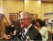  ?? FILE PHOTO ?? State Assemblyma­n James Tedisco speaks to reporters last May after announcing his candidacy for the 49th Senate District seat.