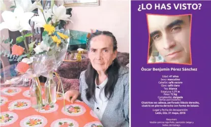  ??  ?? En la imagen, Carmen aparece con el ramo de flores que su hijo le regaló el 10 de mayo de 2018, y la ficha de búsqueda de Óscar Benjamín.