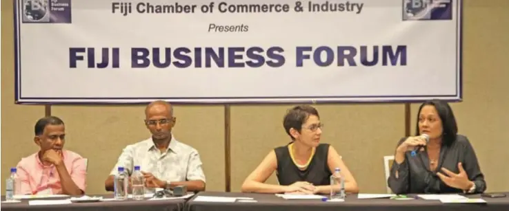  ?? Photo: FILIPE NAIGULEVU ?? From left: Prominent public and private sector leader Ajith Kodagoda, Public Service Commission chairman Vishnu Mohan, Tower Insurance Fiji general manager Sarah Jane and Minister for Women, Children and Poverty Alleviatio­n Rosy Akbar during a panel...