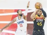  ?? ALEX GOODLETT/GETTY ?? Donovan Mitchell had 37 points in Game 2 on Thursday to help lead the Jazz to a 2-0 series lead over the Clippers in the second-round playoff series.