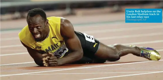  ??  ?? Usain Bolt helpless on the London Stadium track in his last relay race Photograph:AP