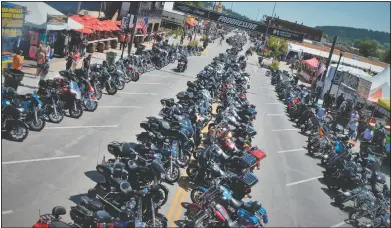  ?? (File Photo/Rapid City Journal/Adam Fondren) ?? Main Street is filled with motorcycle­s during the 2019 rally.