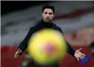  ?? Photograph: Peter Cziborra/PA ?? Mikel Arteta looks on during the 4-1 home defeat to Manchester City in the Carabao Cup.