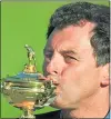  ??  ?? Third time lucky for Bernard Gallacher as he gets his hands on the Ryder Cup