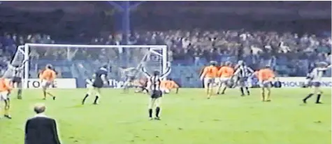  ??  ?? A grainy shot of one of the Chorley goals that sank Wolves in 1986