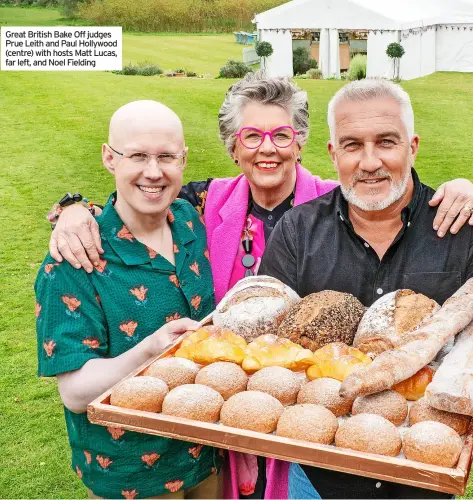  ?? ?? Great British Bake Off judges Prue Leith and Paul Hollywood (centre) with hosts Matt Lucas, far left, and Noel Fielding