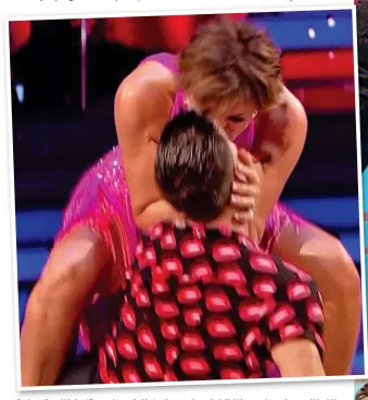  ??  ?? Going for it! As ‘Penelope’, Kate loses her inhibition­s dancing with Aljaz, right, ending with that kiss (above). Husband Mike (inset) in the audience