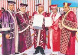  ??  ?? A degree earned with dedication: Honoris Causa to Gandhian activist Rajgopal PV