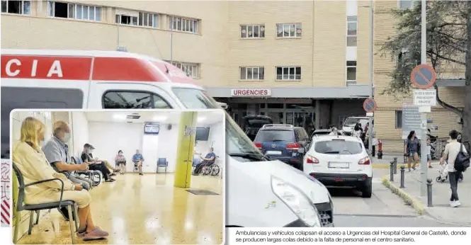  ?? DAVID GARCÍA / ERIK PRADAS ?? Ambulancia­s y vehículos colapsan el acceso a Urgencias del Hospital General de Castelló, donde se producen largas colas debido a la falta de personal en el centro sanitario.