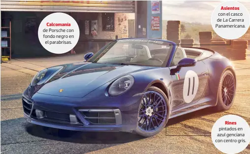 ?? ?? Calcomanía de Porsche con fondo negro en el parabrisas.
Asientos con el casco de La Carrera Panamerica­na.
Rines pintados en azul genciana con centro gris.