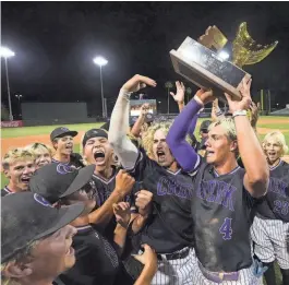  ?? MICHAEL CHOW/THE REPUBLIC ?? Queen Creek players celebrate after beating Sandra Day O'Connor 7-6 in 10 innings to win the 6A state baseball final at Tempe Diablo Stadium on Tuesday.