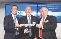  ??  ?? GE CAPITAL AVIATION SERVICES ORDERS 100 A320NEO JETS – Shown from left: Airbus COO and President Commercial Aircraft Fabrice Bregier, President and CEO of GE Capital Aviation Services (GECAS) Alec Burger and Airbus Chief Operating Officer – Customers...