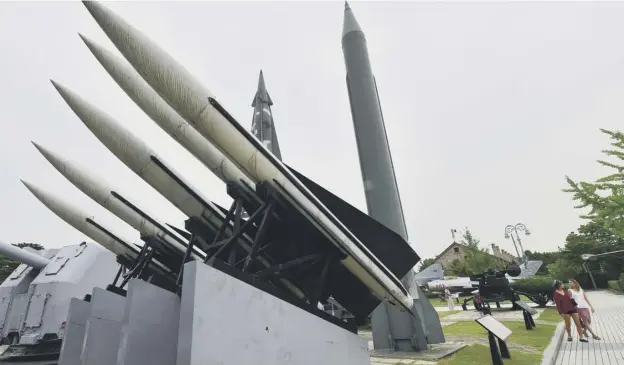  ??  ?? 0 Replicas of North Korean Scud-b missile and South Korean Hawk surface-to-air missiles can be seen at the Korean War Memorial in Seoul