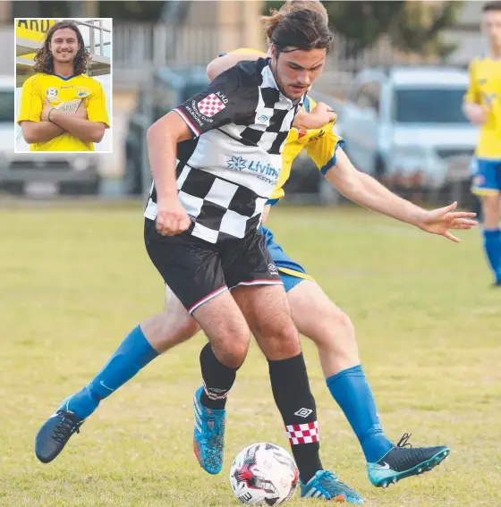  ?? Picture: MIKE BATTERHAM ?? Oskar Dillon in action for Gold Coast Knights in this year’s Premier League, and (inset) in his new Gold Coast United jersey.
