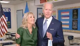  ?? DEMOCRATIC NATIONAL CONVENTION VIA AP ?? Jill Biden is joined by her husband, Democratic presidenti­al nominee former Vice President Joe Biden, after speaking Tuesday during the second night of the Democratic National Convention.