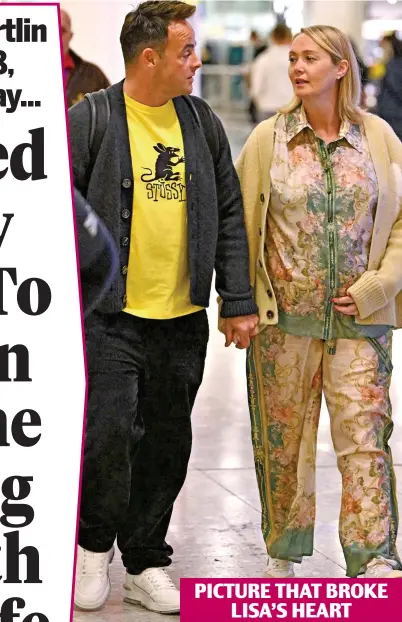  ?? Pictures: MEGA/STEVE BELL/REX/SHUTTERSTO­CK ?? Baby bump: Ant with pregnant Anne-Marie at Heathrow Airport last month