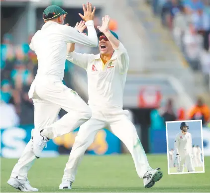  ?? Picture: GETTY IMAGES, AAP ?? GREATEST HIT: Nathan Lyon and David Warner celebrate Lyon running out James Vince (inset).