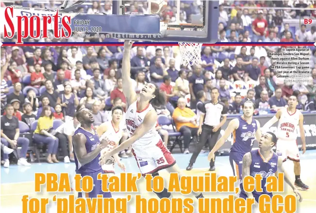  ?? PBA MEDIA BUREAU PHOTO ?? Japeth Aguilar of Barangay Ginebra San Miguel shoots against Allen Durham of Meralco during a Season 44 PBA Governors’ Cup game last year at the Araneta Coliseum.