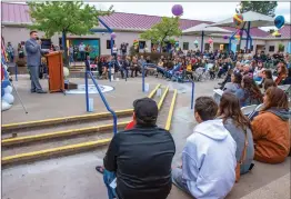  ?? Austin Dave/The Signal ?? Principal Eran Zeevi shares words of inspiratio­n with a crowd of current and former students at Bowman High School’s 50th anniversar­y celebratio­n on Tuesday.