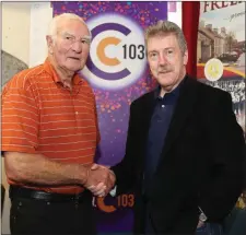  ??  ?? C103 presenter Jimmy Reidy welcomes Stephen Travers (Miami Showband guitarist) to the recording of ‘Round the Fireside’ at the Heritage Centre in Freemount. Photo: Sheila Fitzgerald.