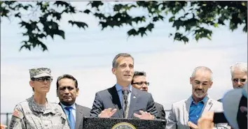  ?? Wally Skalij
Los Angeles Times ?? MAYOR ERIC GARCETTI, in a 2014 appearance, discusses efforts to secure U.S. funding to restore parts of the L.A. River. Separately, he has called for adding 100,000 housing units in the city by 2021.