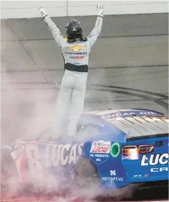  ?? JAE C. HONG/AP ?? Two-time NASCAR Cup champion Kyle Busch celebrates after winning Sunday’s race in Fontana, California.