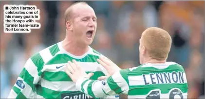  ??  ?? n John Hartson celebrates one of his many goals in the Hoops with former team-mate Neil Lennon.