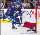  ?? GERRY KAHRMANN/PNG FILES ?? Canucks forward Brandon Sutter played just four games after missing 33 due to sports hernia surgery before suffering a broken jaw.