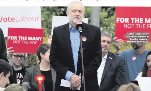  ?? CARL COURT/GETTY IMAGES ?? Labour leader Jeremy Corbyn gives a speech in
Reading yesterday