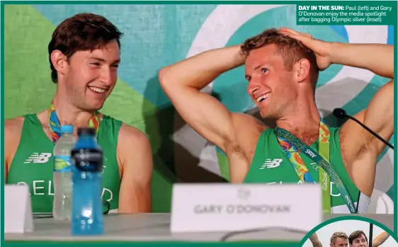  ??  ?? TIGHT KNIT: Gary O’Donovan is congratula­ted by Farren Woods alumni Claire Lambe and Sinéad Jennings (right) after securing the silver medal DAY IN THE SUN: Paul (left) and Gary O’Donovan enjoy the media spotlight after bagging Olympic silver (inset)