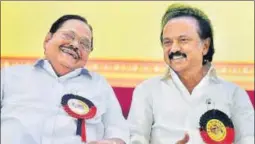  ?? PTI ?? DMK president MK Stalin (right) with party's treasurer Duraimurug­an in Chennai on Tuesday.