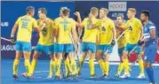  ?? HOCKEY INDIA ?? ■
Australia celebrate a goal against India on Friday.