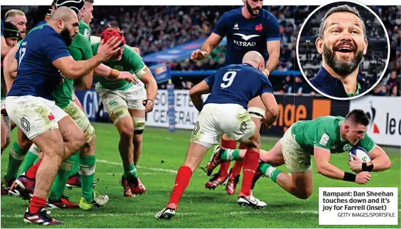  ?? GETTY IMAGES/SPORTSFILE ?? Rampant: Dan Sheehan touches down and it’s joy for Farrell (inset)